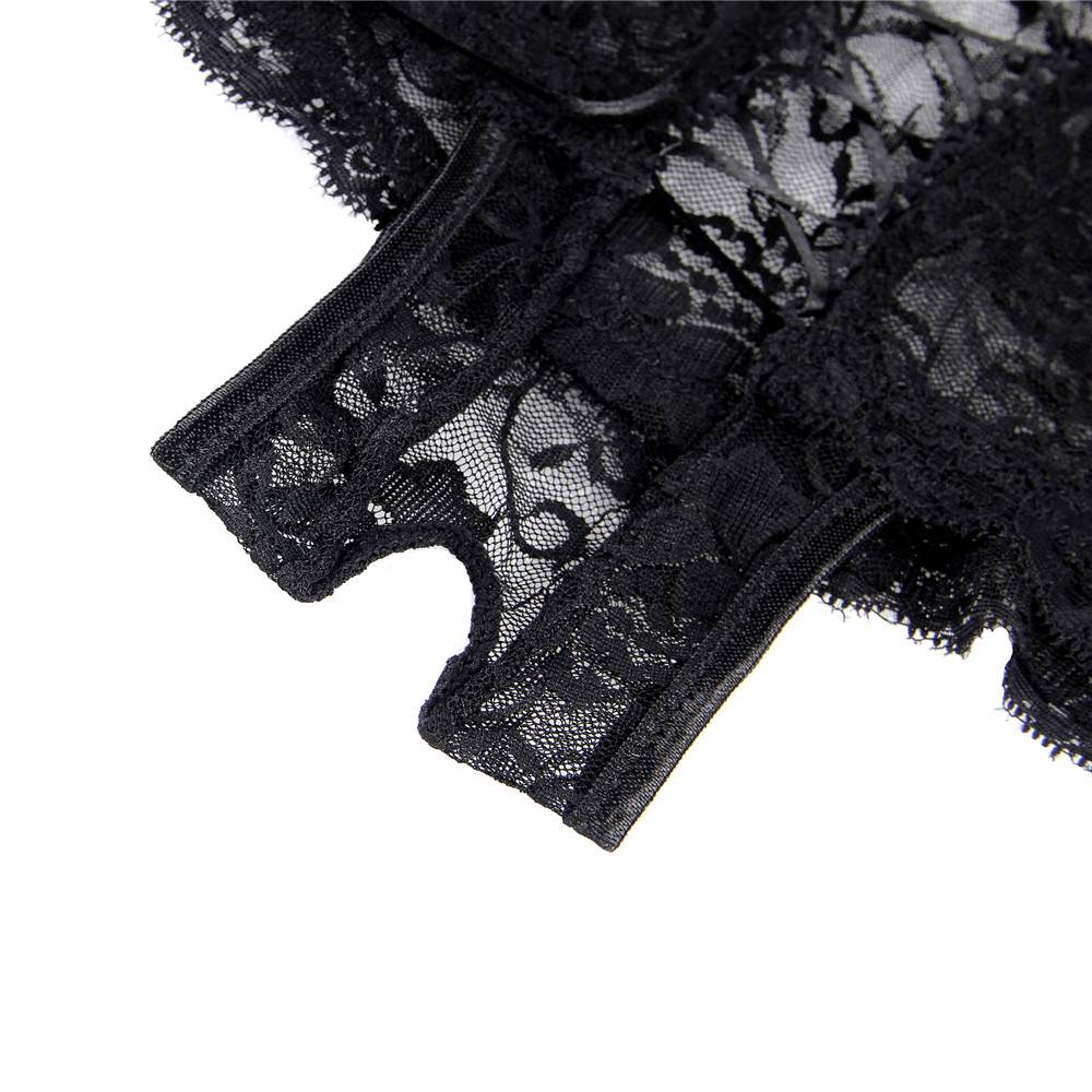 Black Floral Lace Full - Coverage Panty with Criss - Cross Back & Open Crotch - TeaseFashion