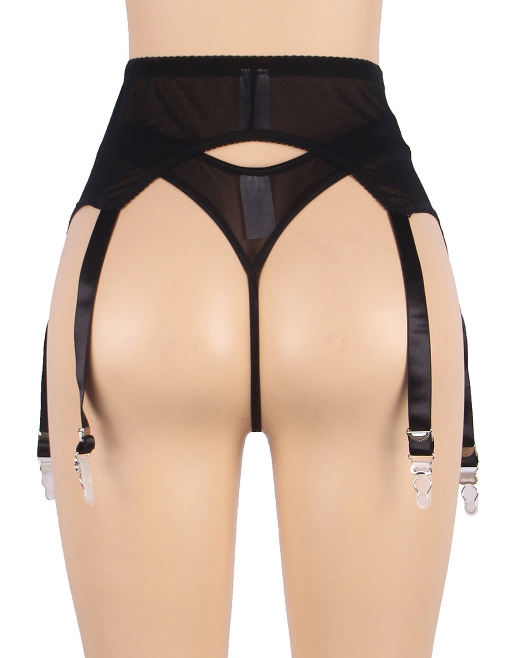 Black Floral Lace Garter Panty Set with Pearl Button & 6 Wide Straps - TeaseFashion