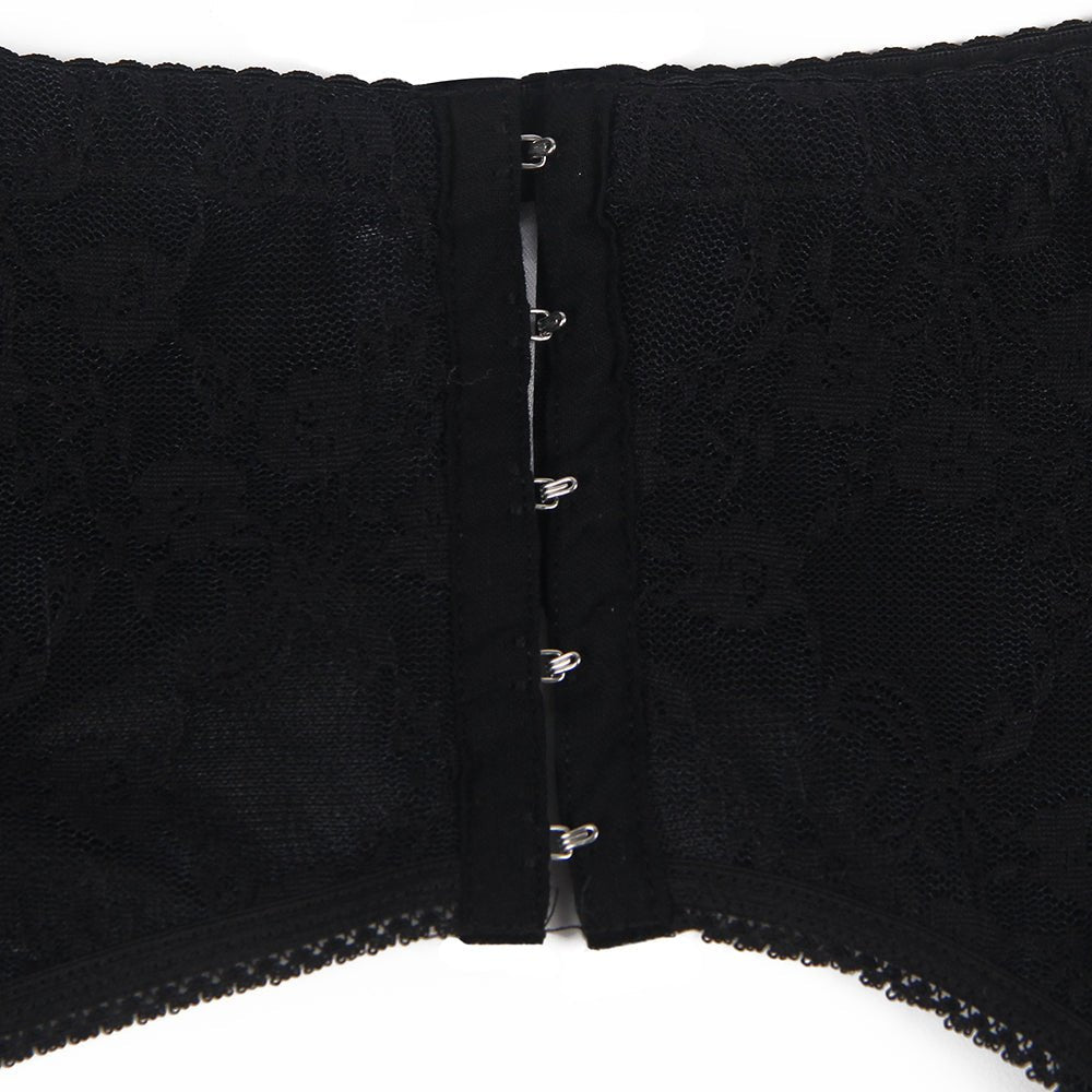 Black Floral Lace Garter Panty Set with Pearl Button & 6 Wide Straps - TeaseFashion