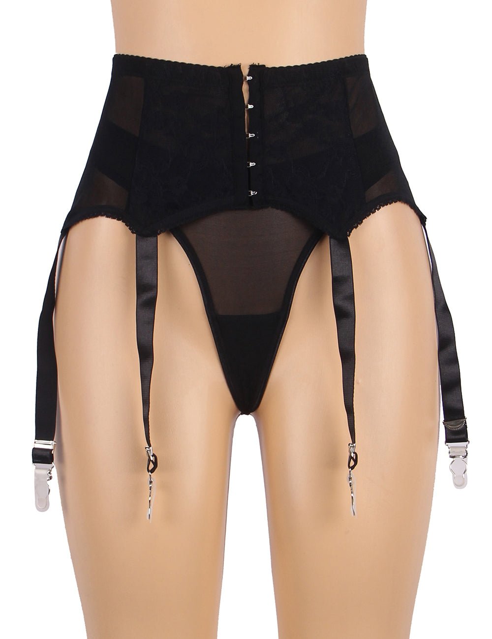 Black Floral Lace Garter Panty Set with Pearl Button & 6 Wide Straps - TeaseFashion