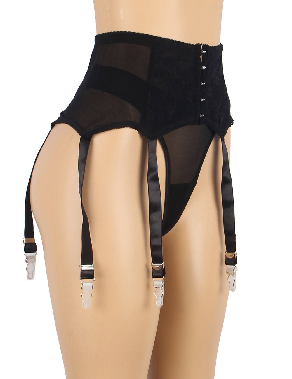 Black Floral Lace Garter Panty Set with Pearl Button & 6 Wide Straps - TeaseFashion