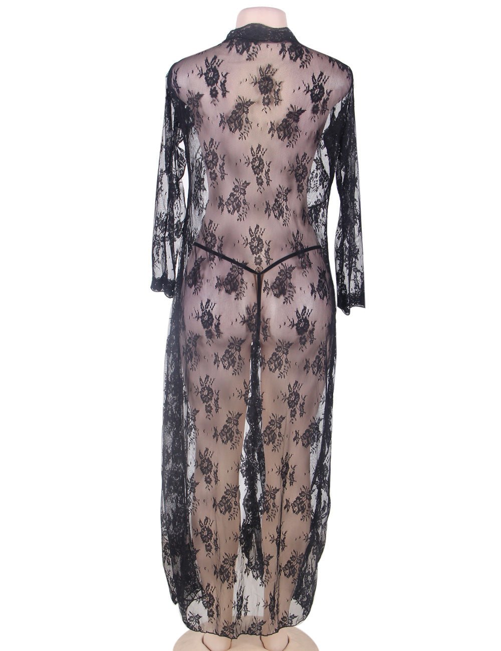 Black Floral Lace Gown – Long Sleeve, Open Front & Waist Belt - TeaseFashion