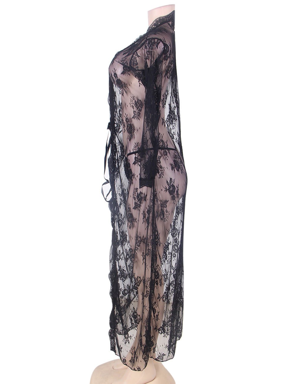 Black Floral Lace Gown – Long Sleeve, Open Front & Waist Belt - TeaseFashion