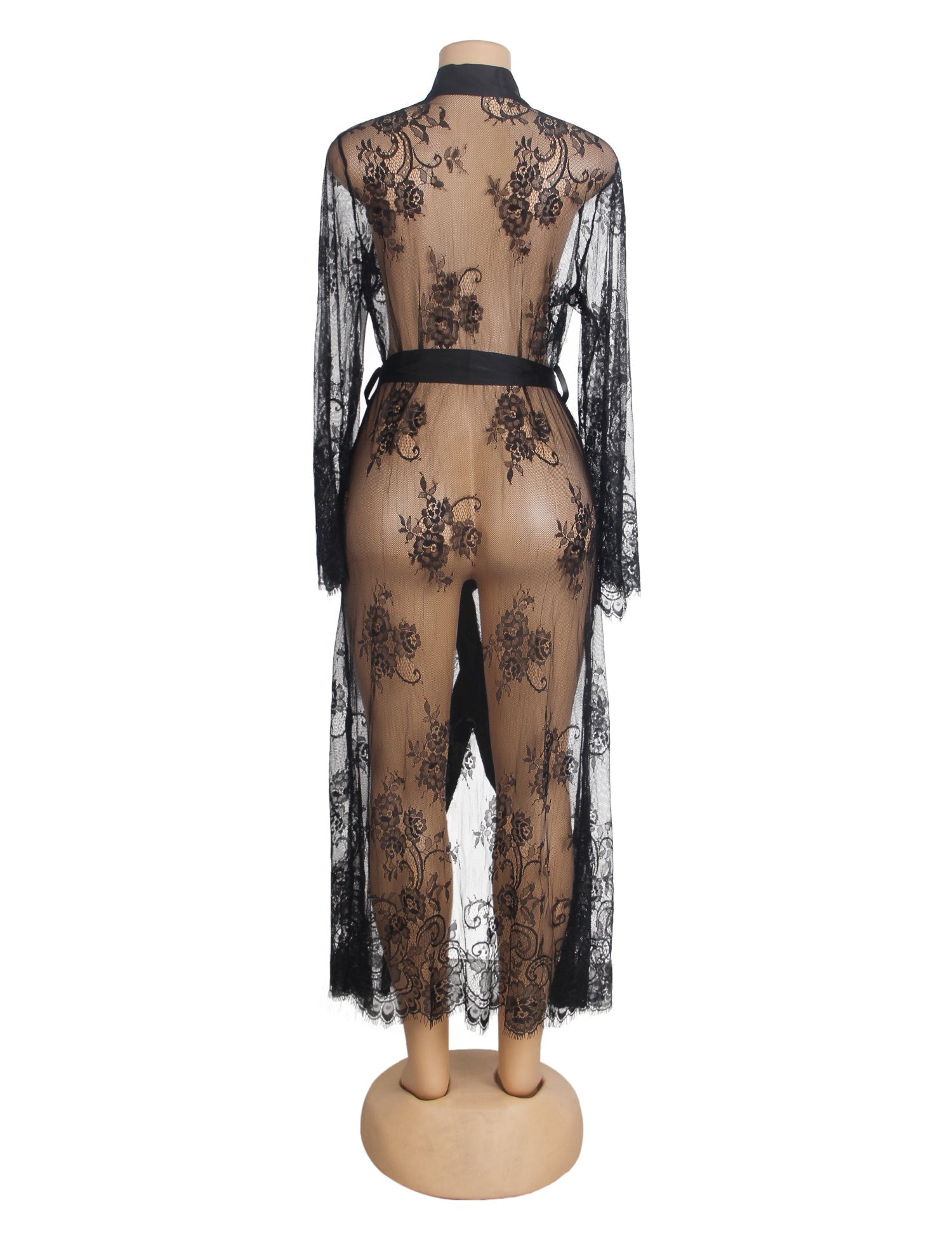 Black Floral Lace Mesh Robe – Satin Placket, Eyelash Lace Cuffs & Silk Belt - TeaseFashion