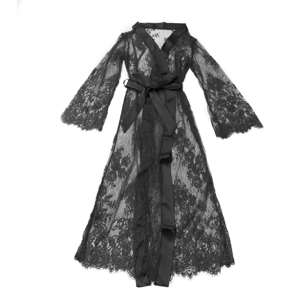 Black Floral Lace Mesh Robe – Satin Placket, Eyelash Lace Cuffs & Silk Belt - TeaseFashion