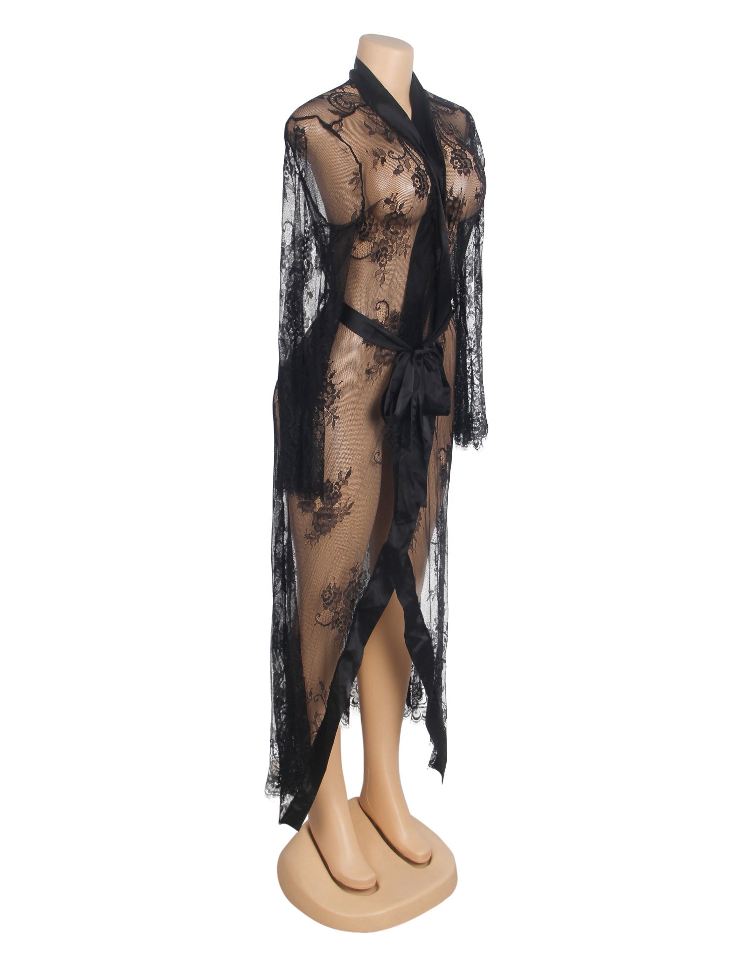 Black Floral Lace Mesh Robe – Satin Placket, Eyelash Lace Cuffs & Silk Belt - TeaseFashion
