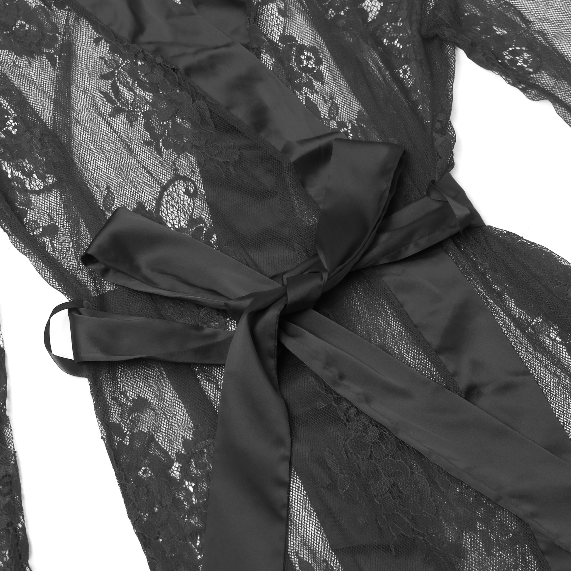Black Floral Lace Mesh Robe – Satin Placket, Eyelash Lace Cuffs & Silk Belt - TeaseFashion