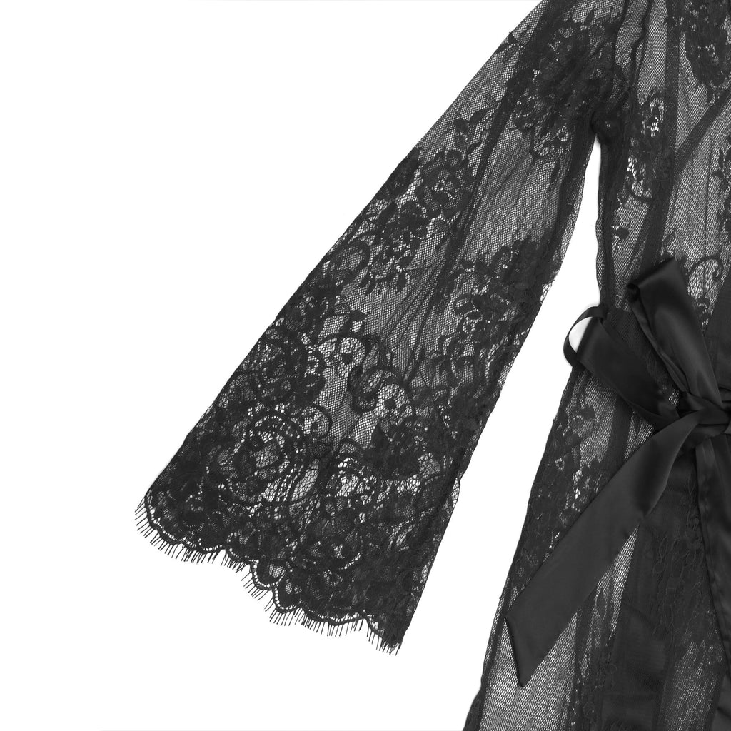 Black Floral Lace Mesh Robe – Satin Placket, Eyelash Lace Cuffs & Silk Belt - TeaseFashion