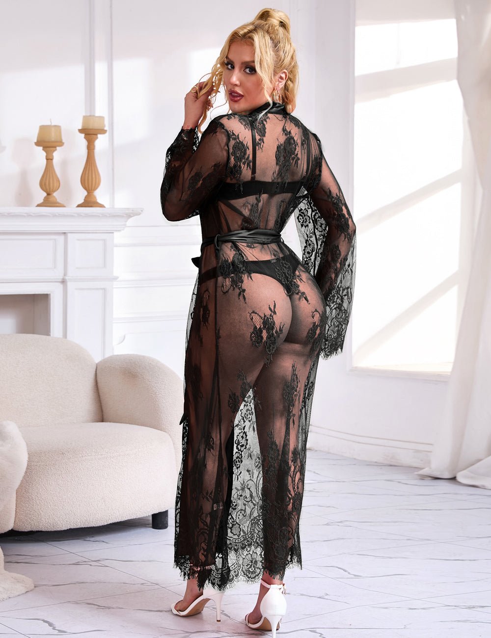 Black Floral Lace Mesh Robe – Satin Placket, Eyelash Lace Cuffs & Silk Belt - TeaseFashion
