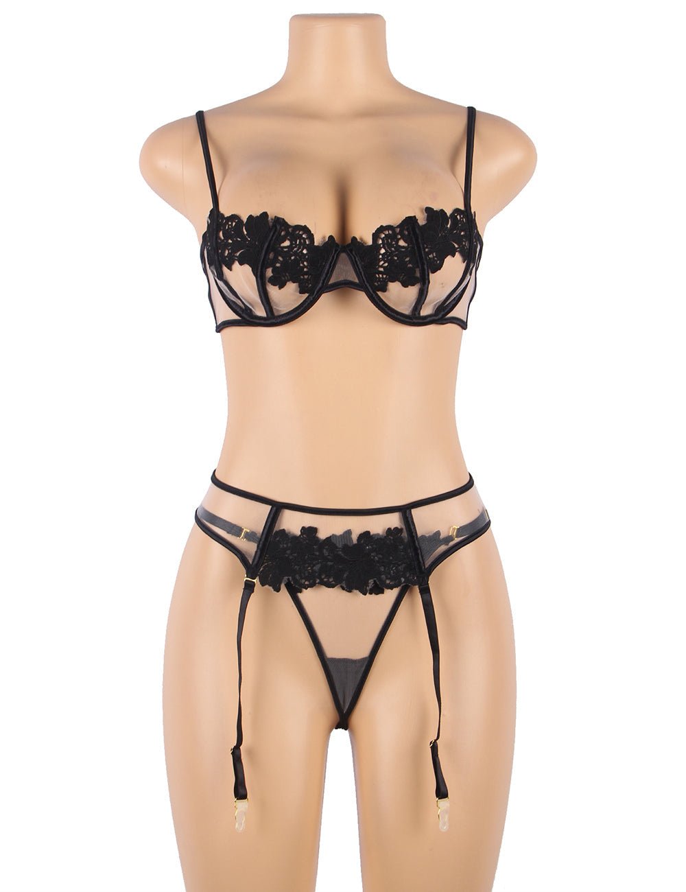Black Floral Mesh Embroidery Bra Garter Set – Underwire & Suspender - TeaseFashion