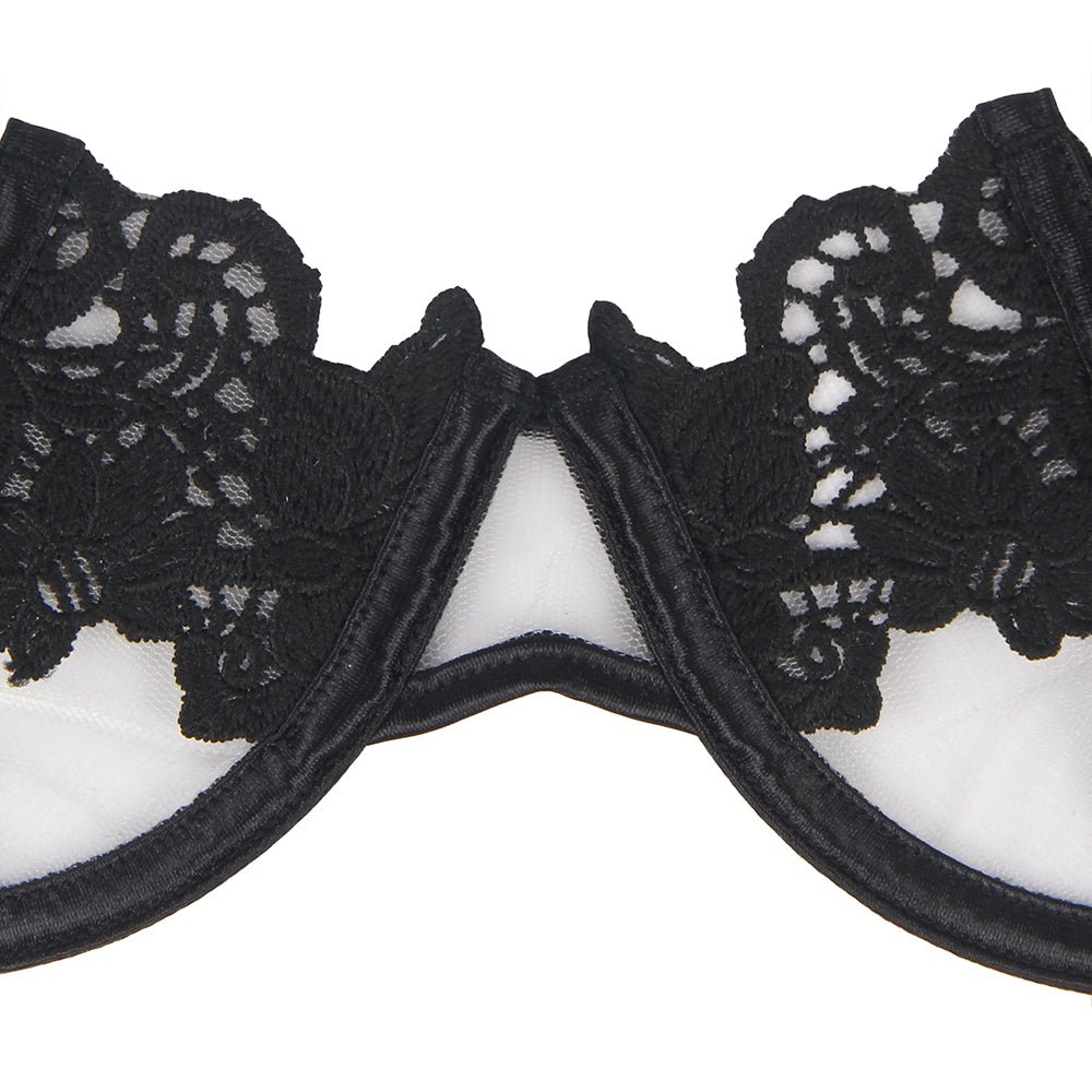 Black Floral Mesh Embroidery Bra Garter Set – Underwire & Suspender - TeaseFashion