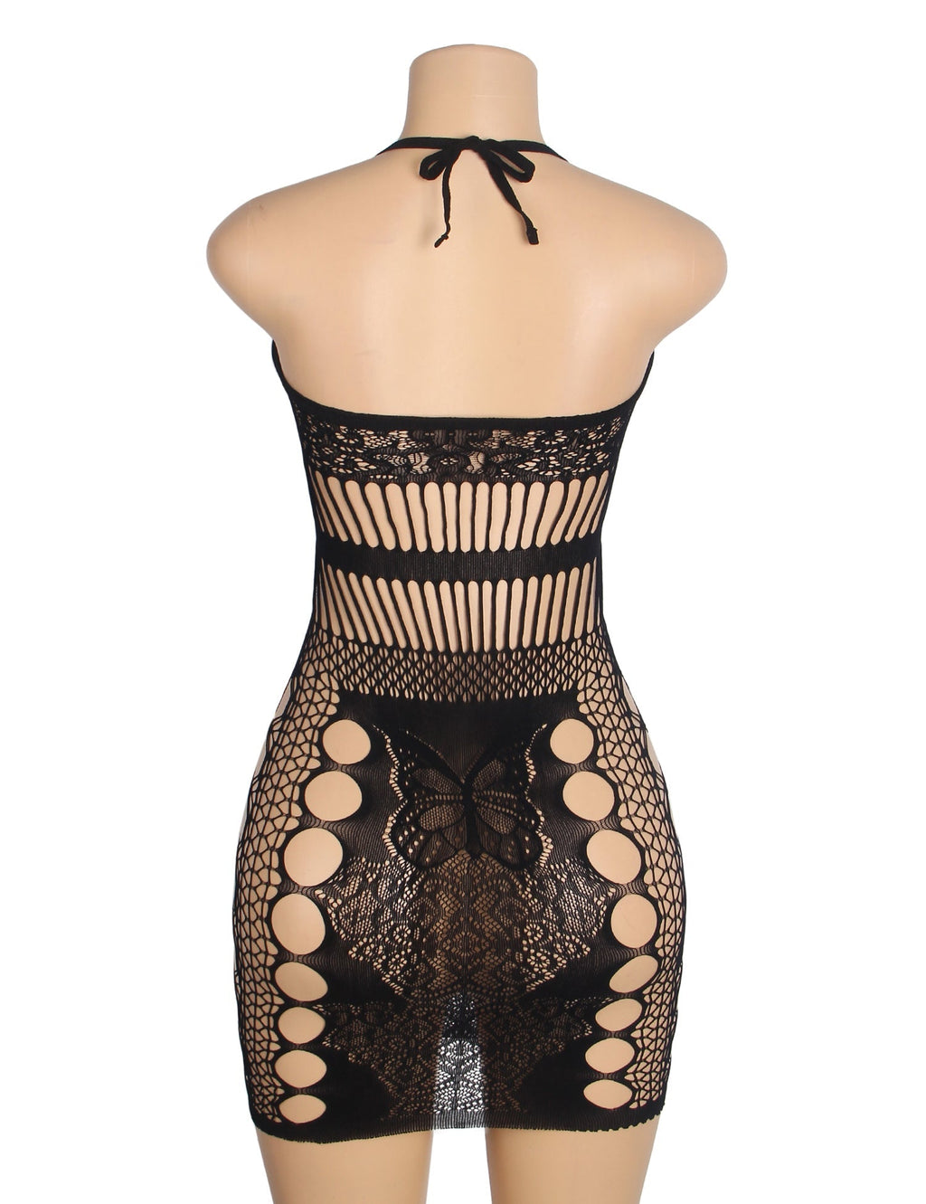 Black Glow - in - the - Dark Floral Jacquard Halter Backless Irregular - Cutout Bodysuit Dress - TeaseFashion