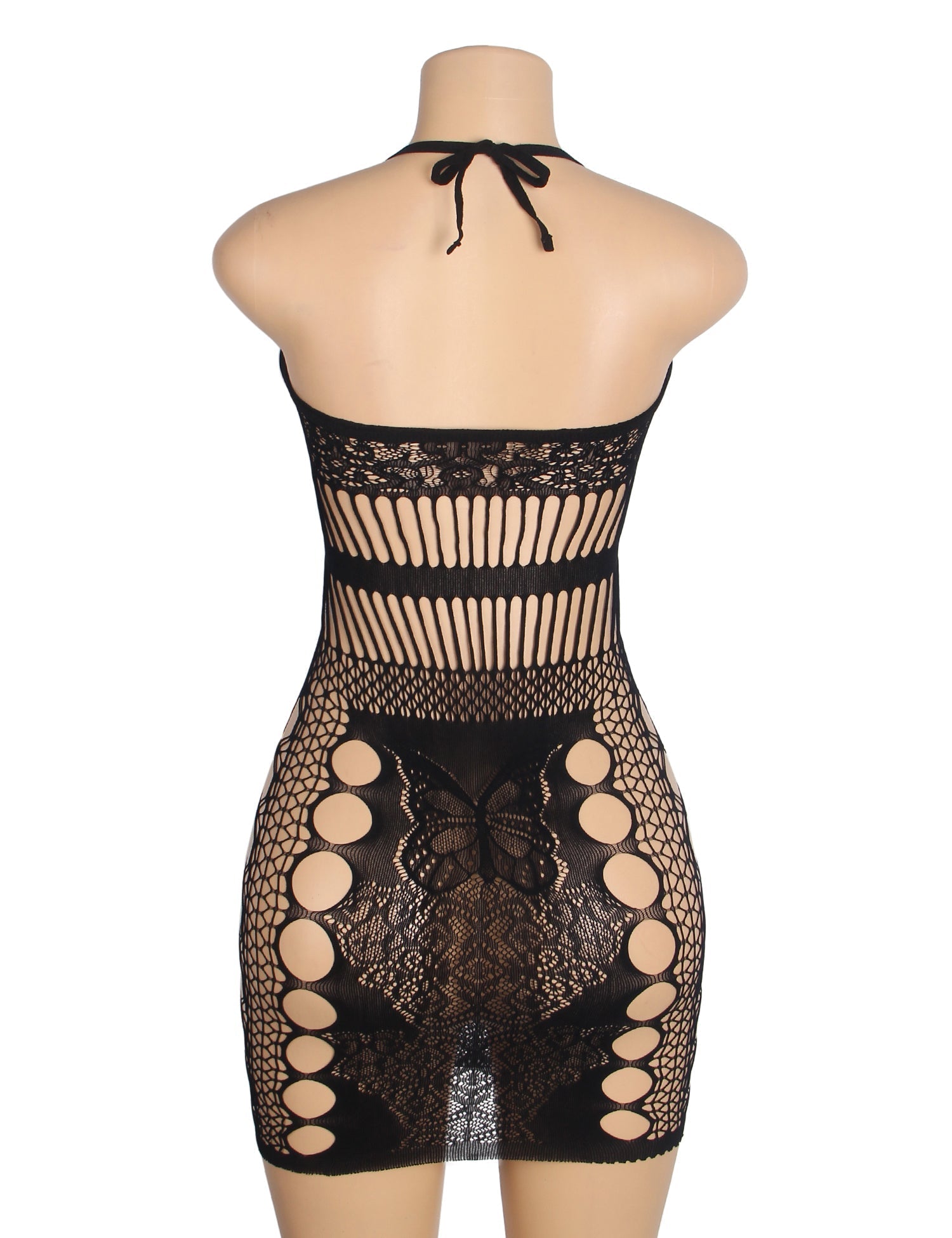 Black Glow - in - the - Dark Floral Jacquard Halter Backless Irregular - Cutout Bodysuit Dress - TeaseFashion