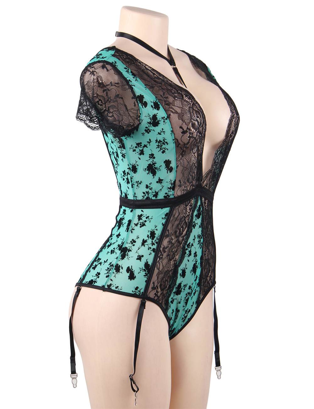 Black & Green Velvet & Lace Teddy – Removable Choker, Deep V - Neck, Garter Straps & Crossover Waistband - TeaseFashion