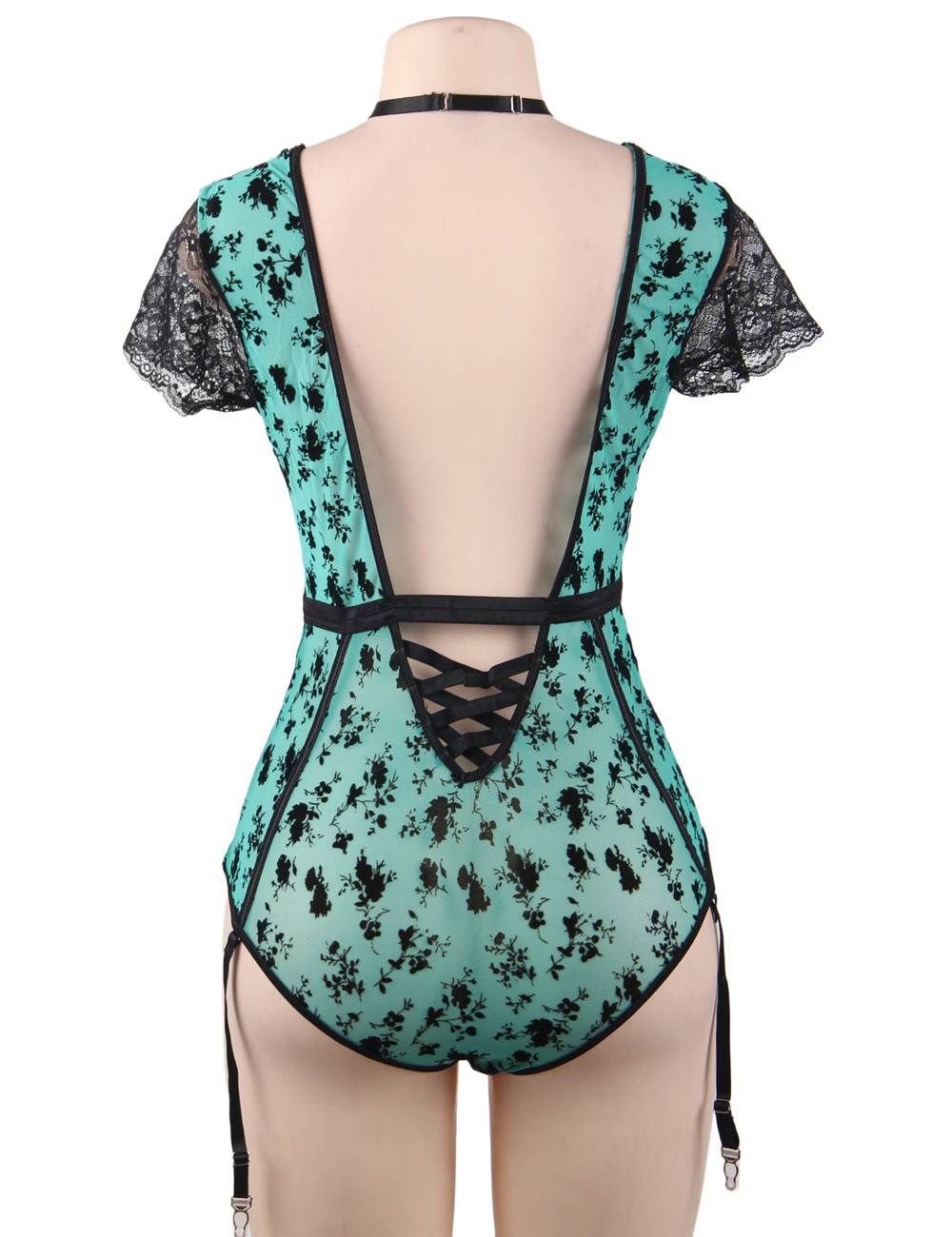 Black & Green Velvet & Lace Teddy – Removable Choker, Deep V - Neck, Garter Straps & Crossover Waistband - TeaseFashion