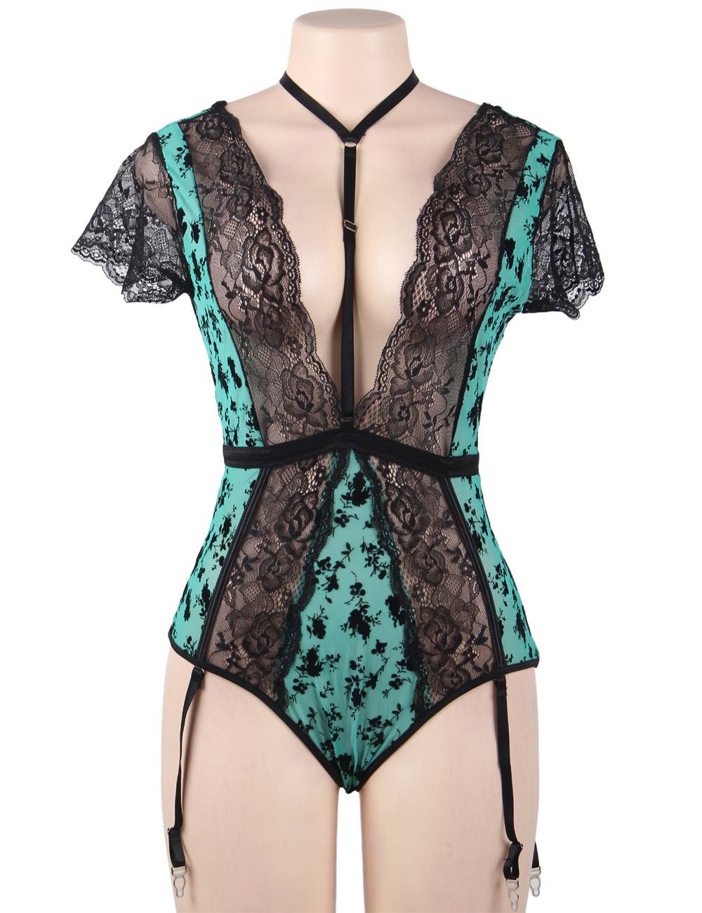 Black & Green Velvet & Lace Teddy – Removable Choker, Deep V - Neck, Garter Straps & Crossover Waistband - TeaseFashion