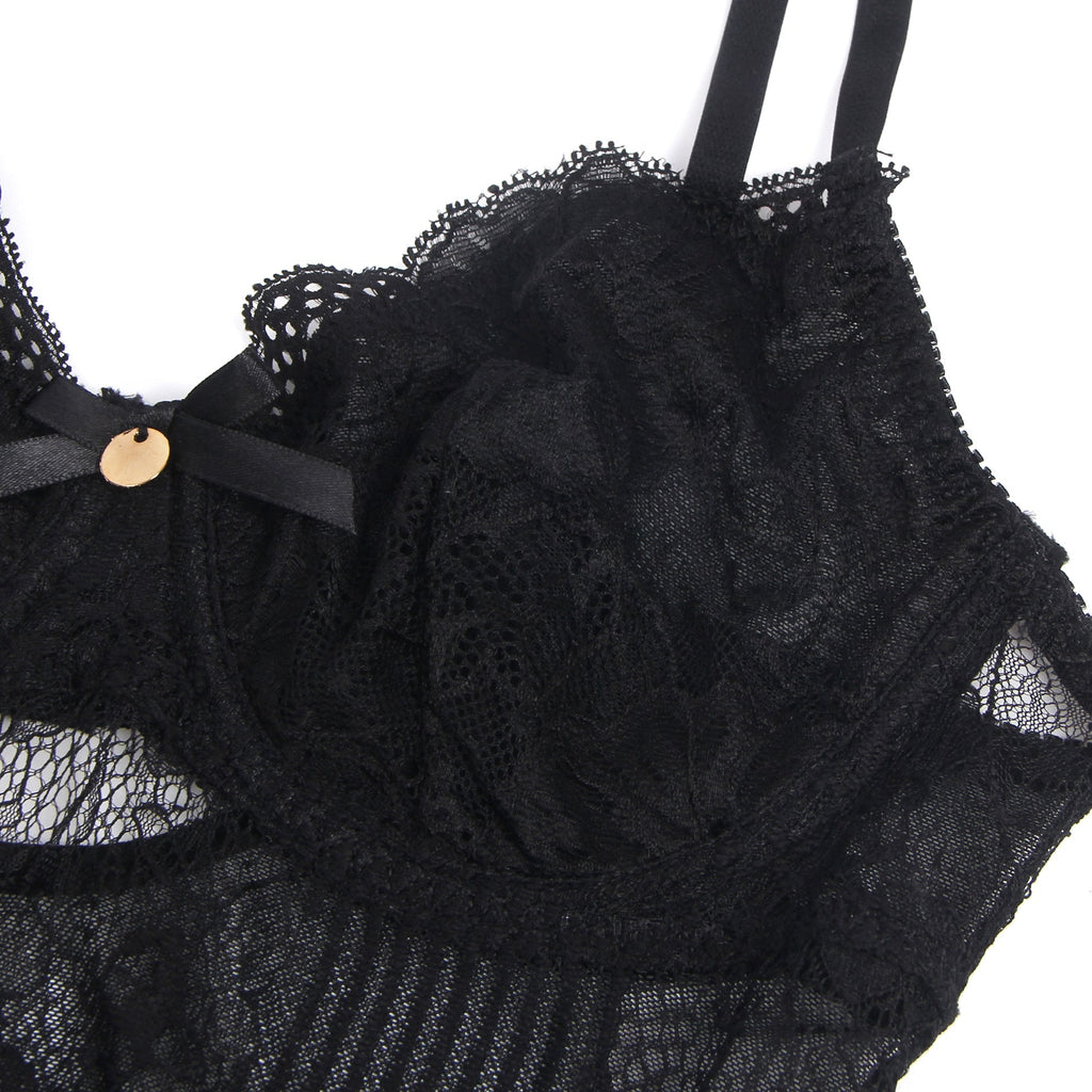 Black Halter Teddy – V - Neckline, Ruffle Detail & Waist Belt - TeaseFashion