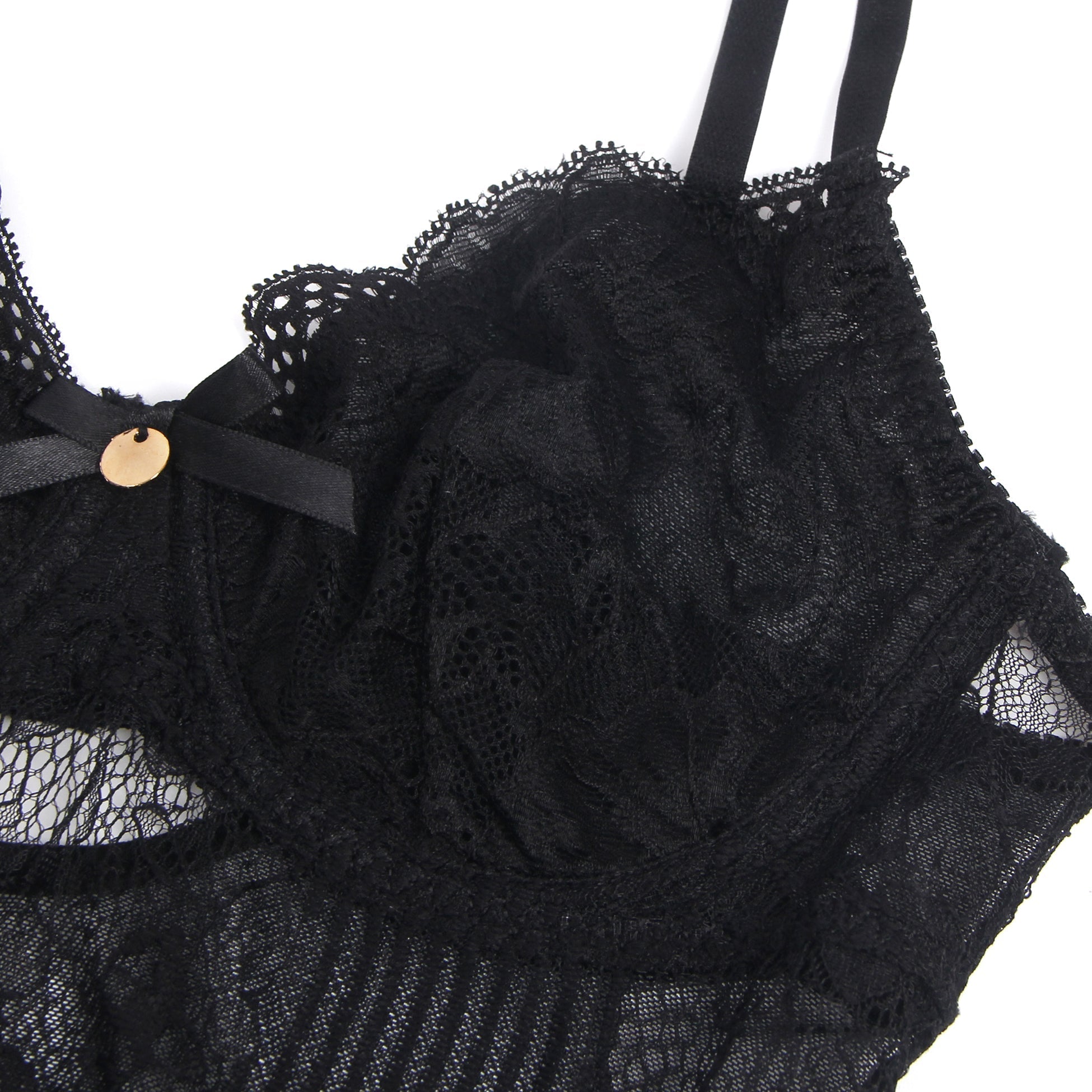 Black Halter Teddy – V - Neckline, Ruffle Detail & Waist Belt - TeaseFashion