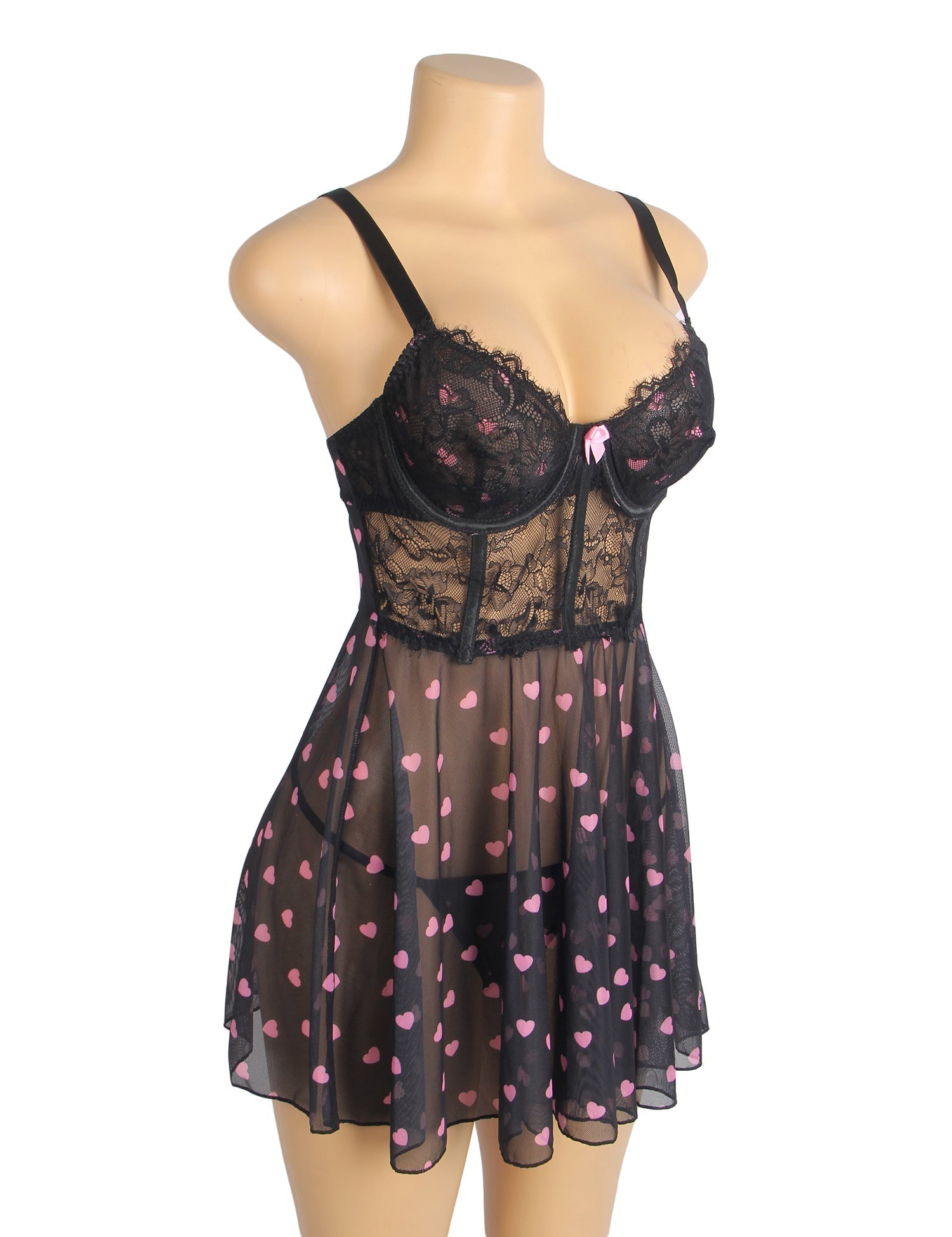 Black Heart Print Lace Mesh Babydoll with Eyelash Lace Chest, Bow Accent & T - Pants Set - TeaseFashion
