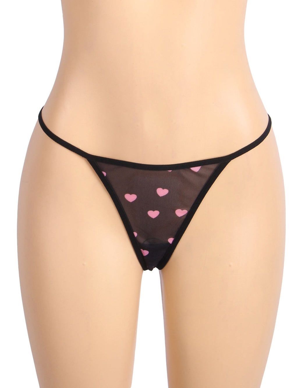 Black Heart Print Lace Mesh Babydoll with Eyelash Lace Chest, Bow Accent & T - Pants Set - TeaseFashion