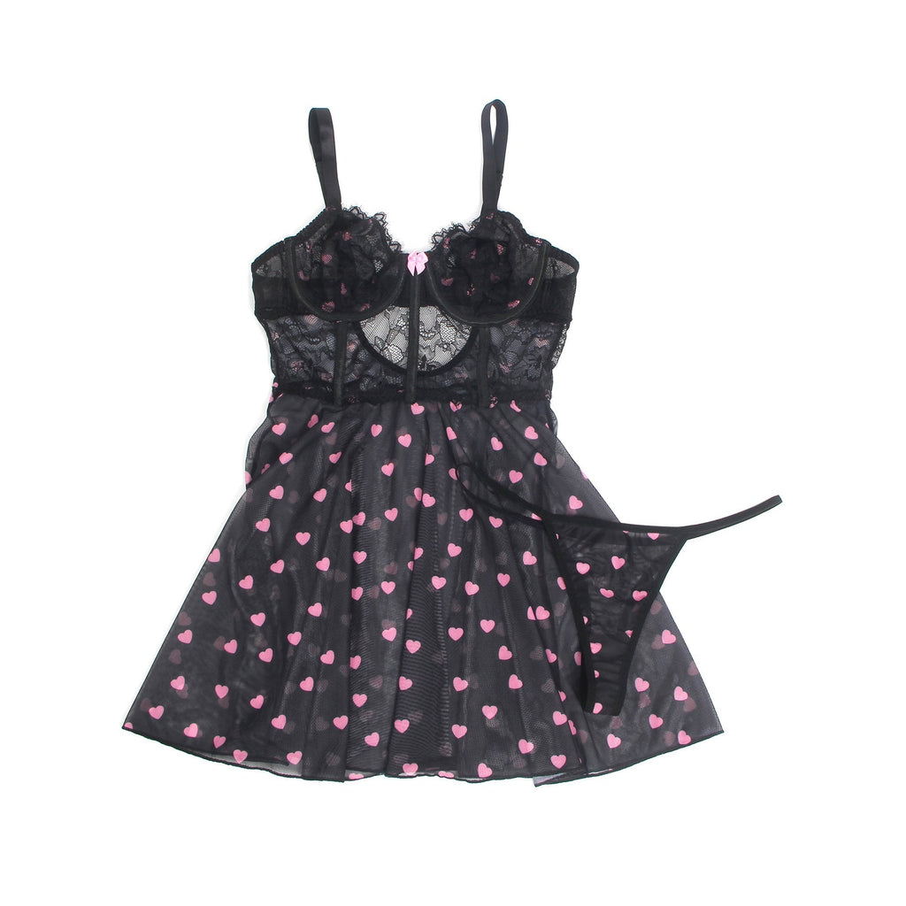 Black Heart Print Lace Mesh Babydoll with Eyelash Lace Chest, Bow Accent & T - Pants Set - TeaseFashion