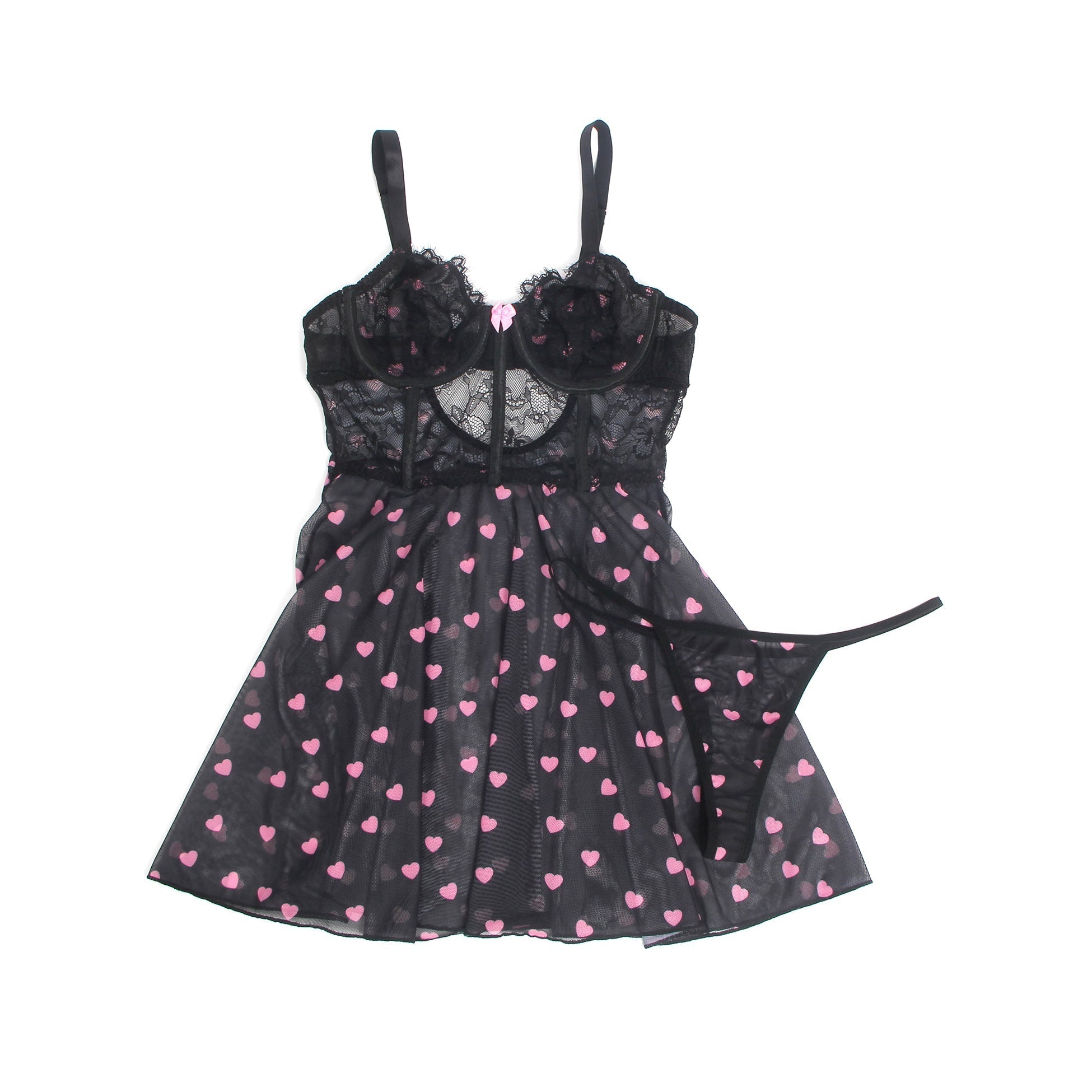 Black Heart Print Lace Mesh Babydoll with Eyelash Lace Chest, Bow Accent & T - Pants Set - TeaseFashion
