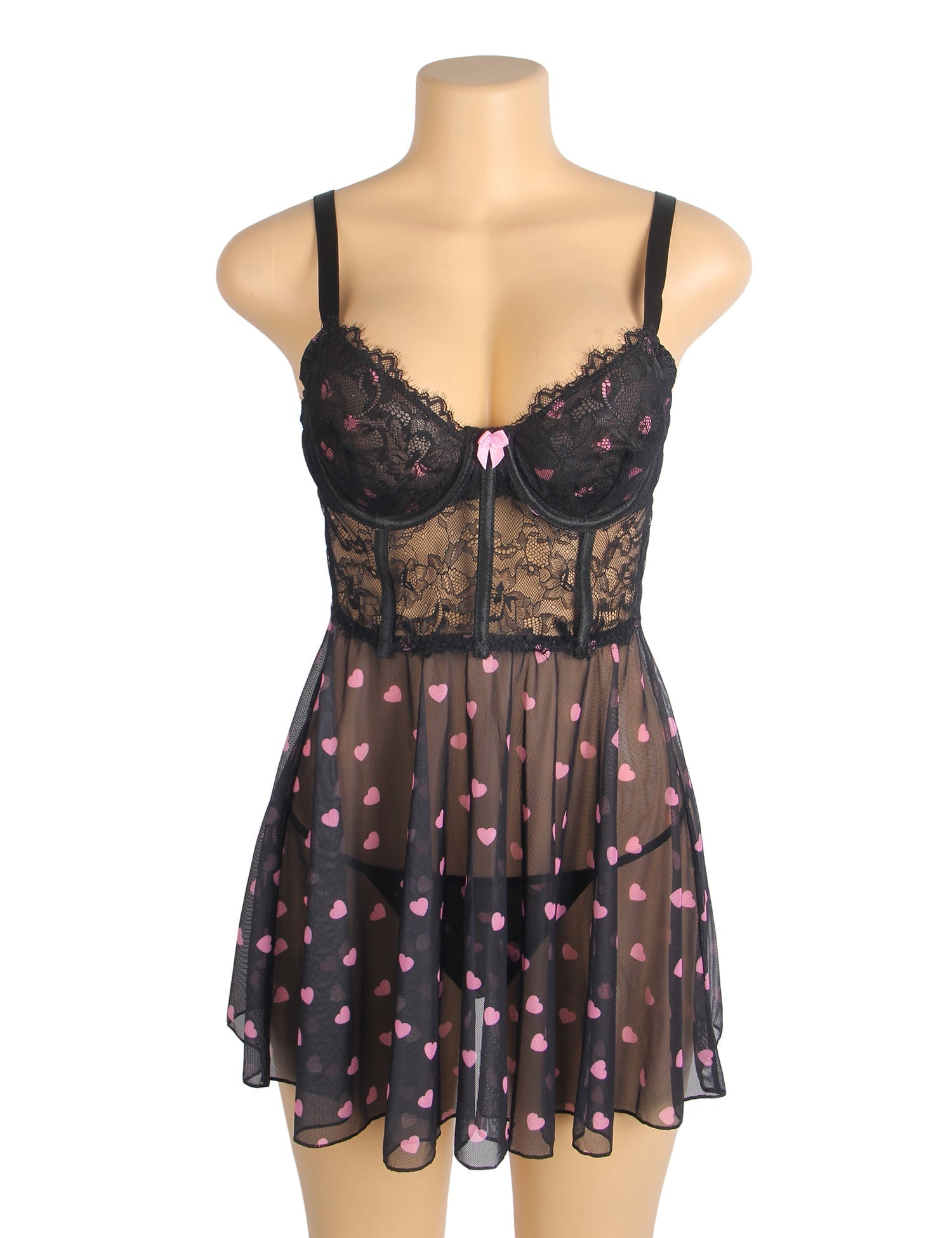 Black Heart Print Lace Mesh Babydoll with Eyelash Lace Chest, Bow Accent & T - Pants Set - TeaseFashion