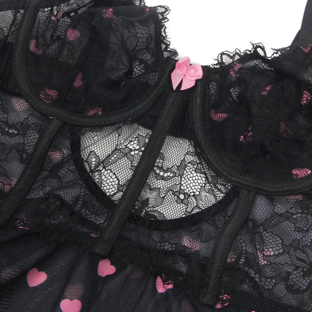 Black Heart Print Lace Mesh Babydoll with Eyelash Lace Chest, Bow Accent & T - Pants Set - TeaseFashion