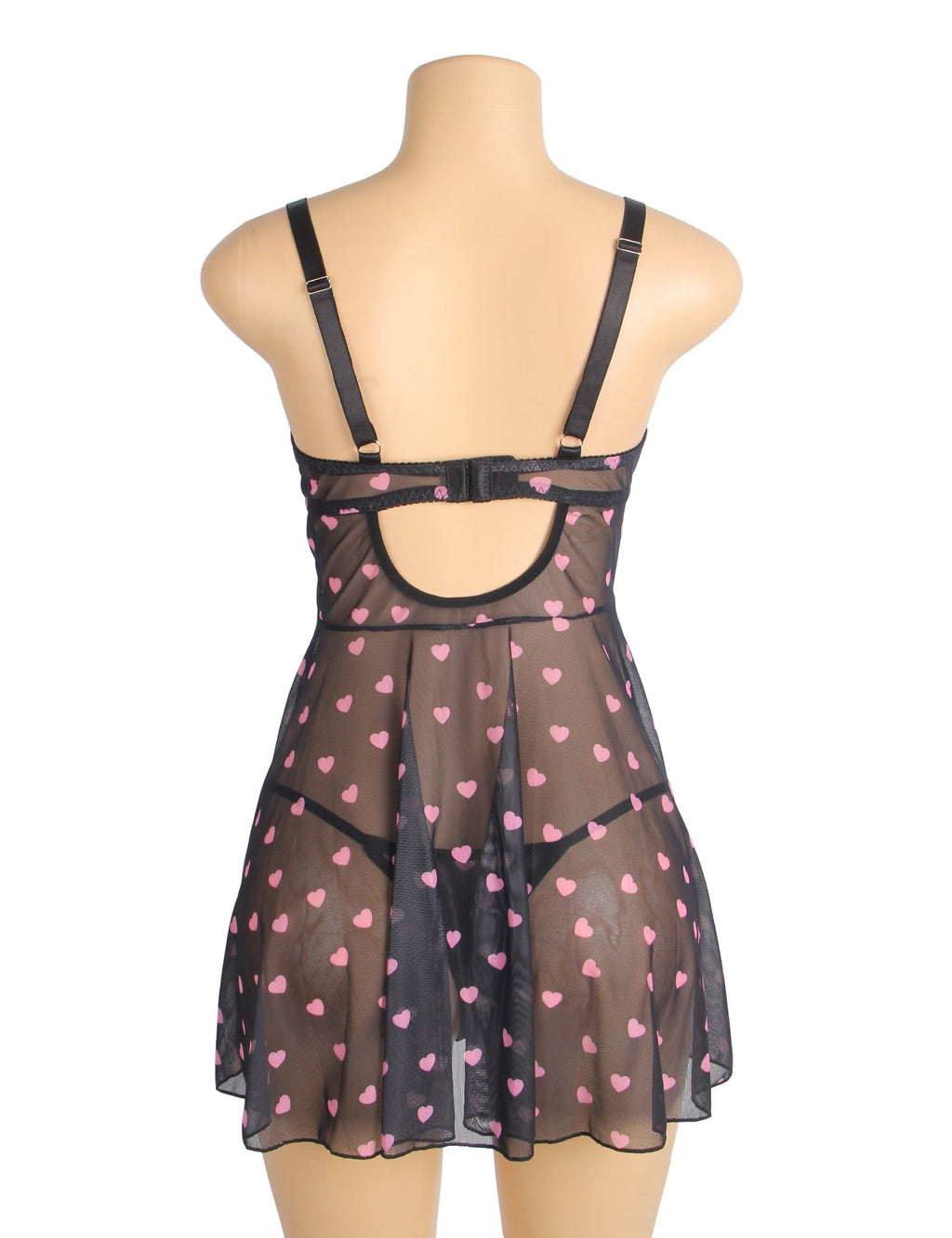 Black Heart Print Lace Mesh Babydoll with Eyelash Lace Chest, Bow Accent & T - Pants Set - TeaseFashion