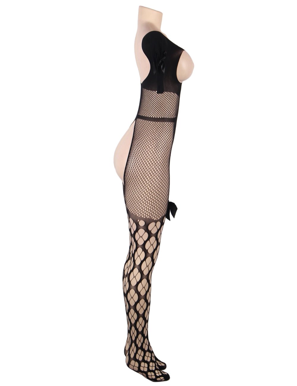 Black High - Elasticity Nylon One - Shoulder Bodystocking – Hollow - Out Chest & Crotch, Butterfly Bow Embellishments - TeaseFashion