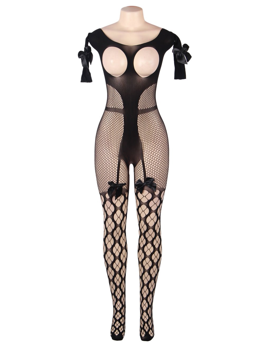 Black High - Elasticity Nylon One - Shoulder Bodystocking – Hollow - Out Chest & Crotch, Butterfly Bow Embellishments - TeaseFashion