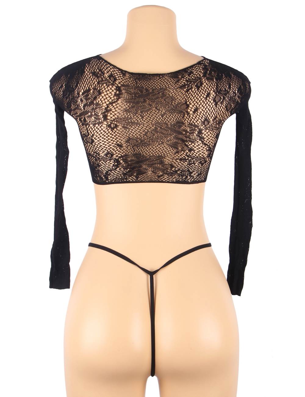 Black High - Elasticity Nylon Round Neck Open - Chest Long - Sleeve Fishnet Bodystocking Set – Patterned Texture & Thong Included - TeaseFashion
