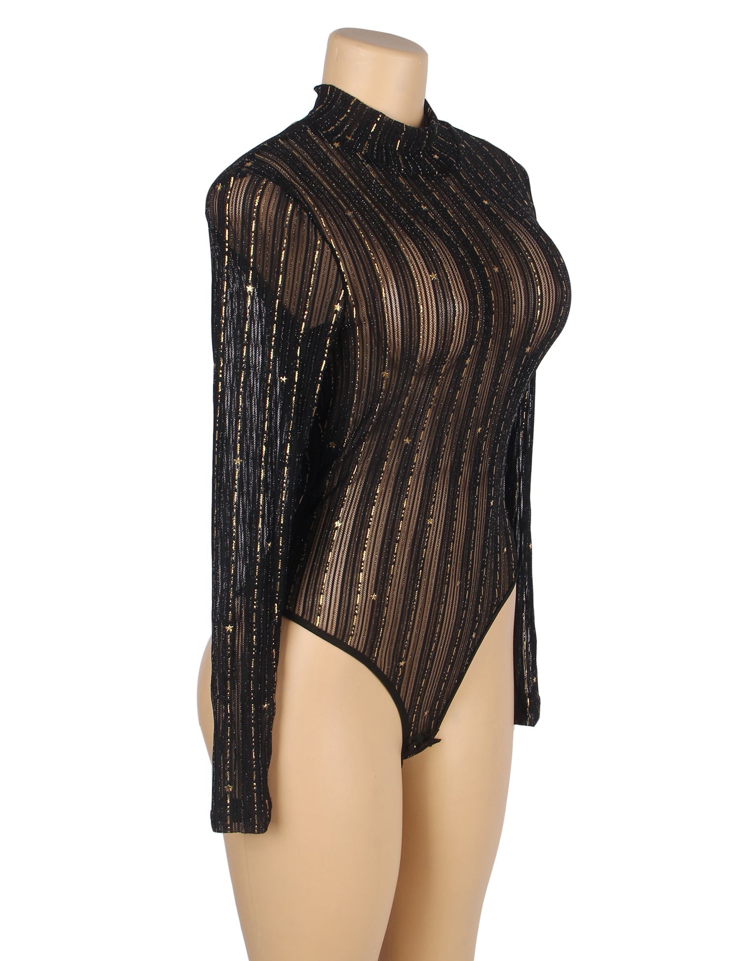Black High - Neck Mesh Bodysuit – Foil - Printed & Long Sleeve - TeaseFashion