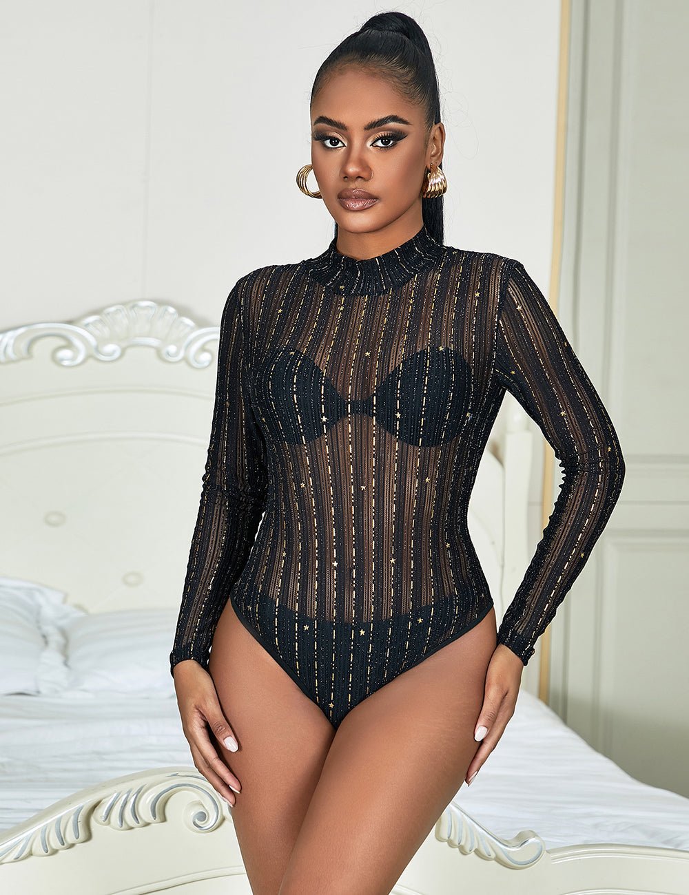 Black High - Neck Mesh Bodysuit – Foil - Printed & Long Sleeve - TeaseFashion