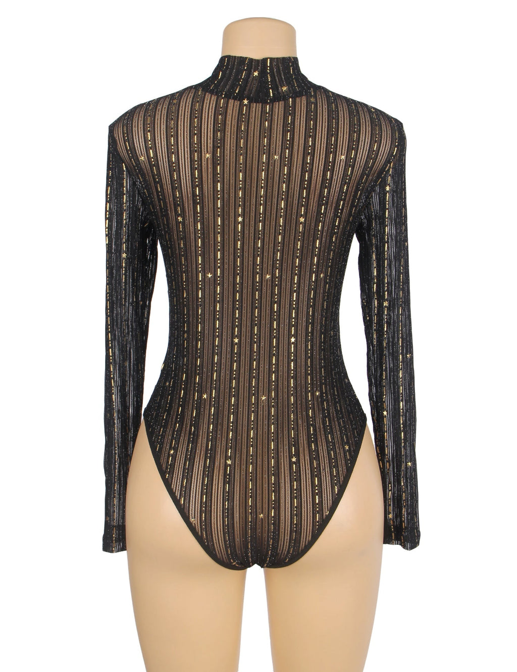 Black High - Neck Mesh Bodysuit – Foil - Printed & Long Sleeve - TeaseFashion