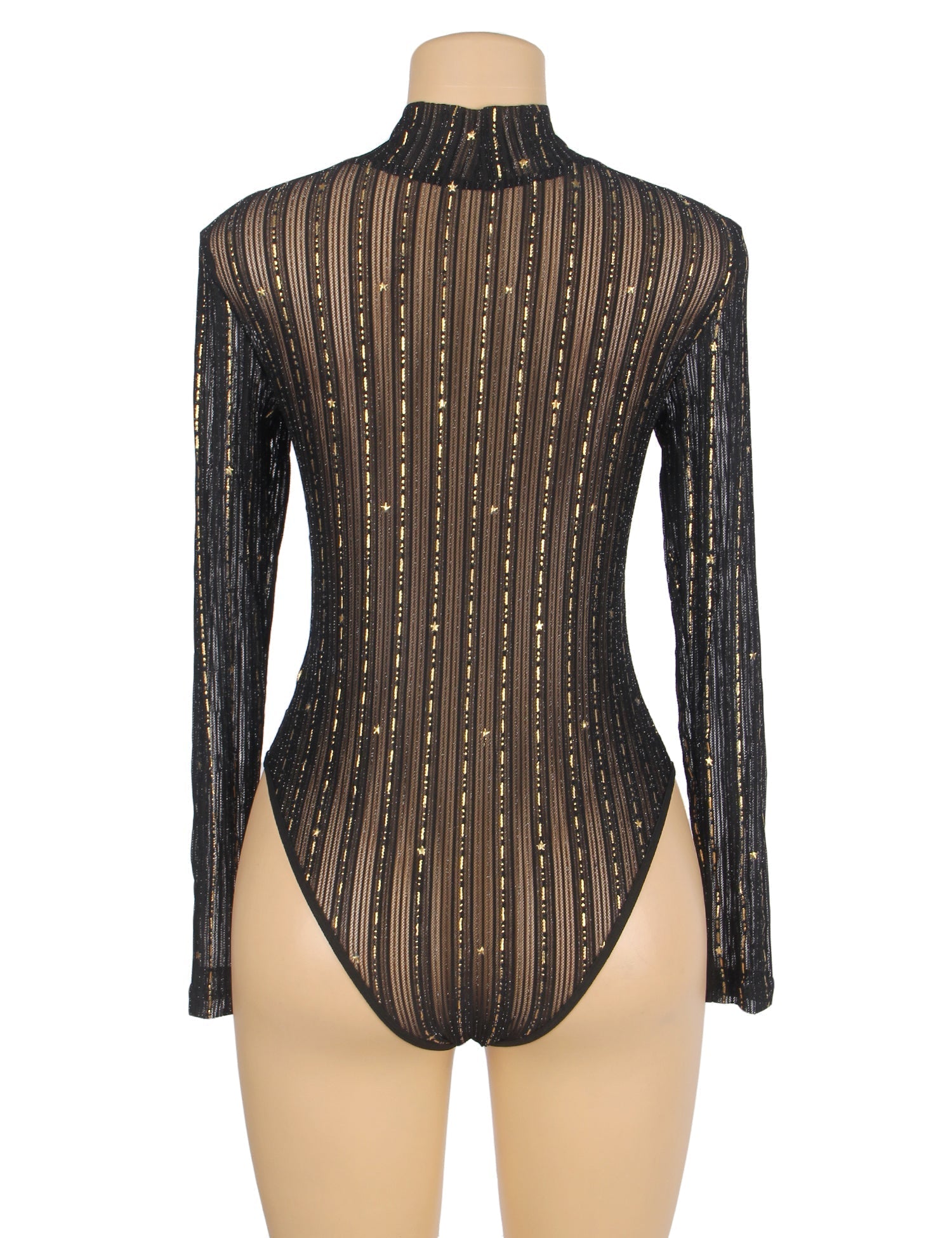 Black High - Neck Mesh Bodysuit – Foil - Printed & Long Sleeve - TeaseFashion