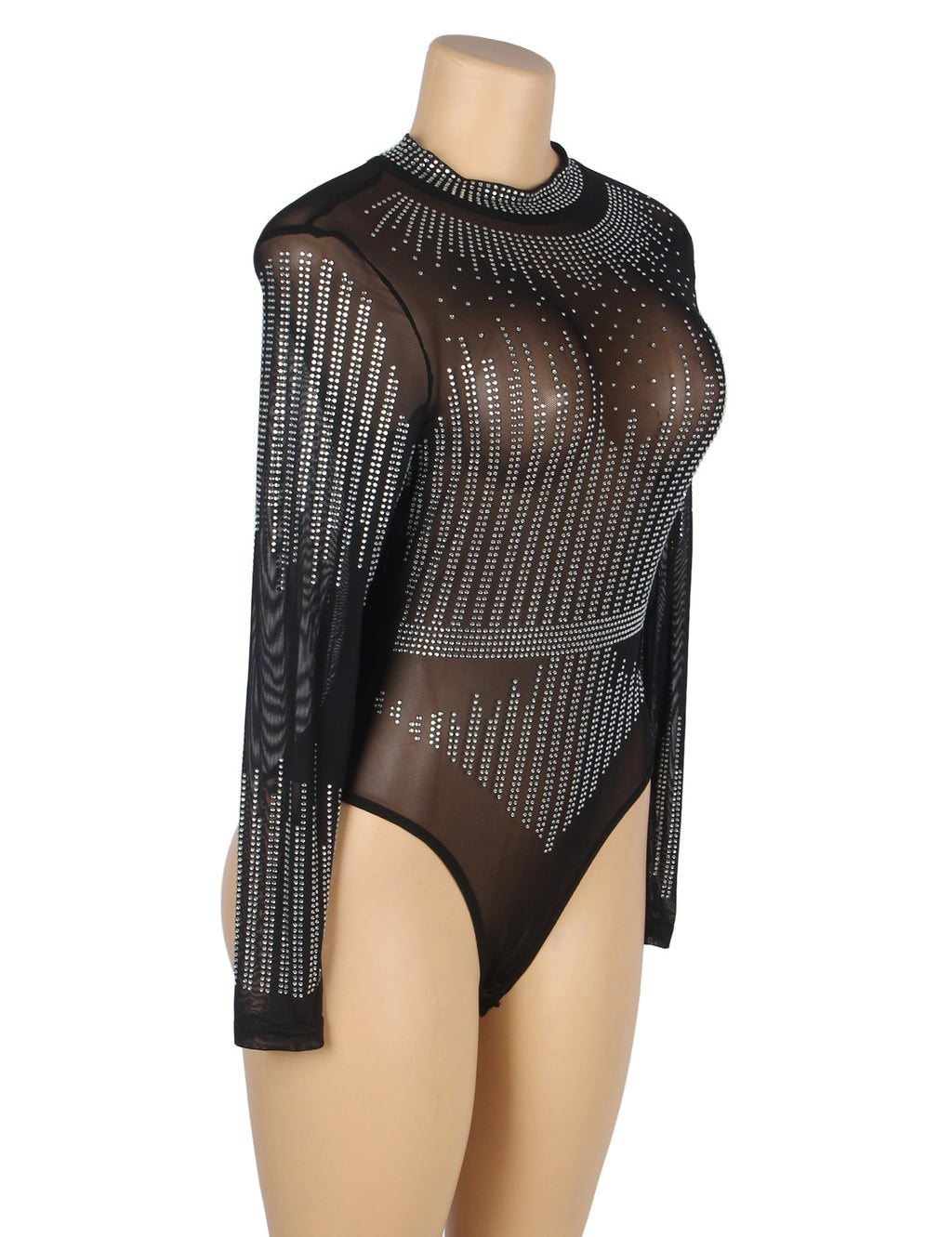 Black High - Neck Mesh Bodysuit – Rhinestone Sleeves, Collar & Front - TeaseFashion