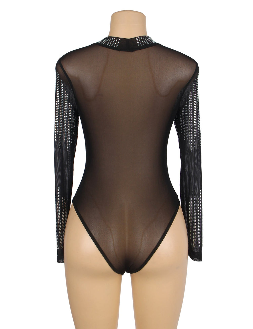 Black High - Neck Mesh Bodysuit – Rhinestone Sleeves, Collar & Front - TeaseFashion
