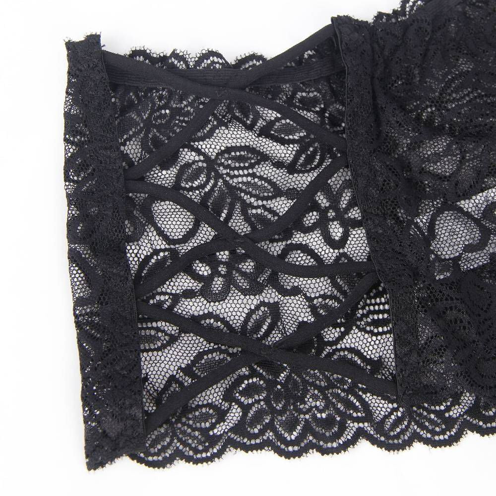 Black High - Waist Floral Lace Strappy Panty – Criss - Cross Elastic Bands, V - Shape Design & Gusset Padding - TeaseFashion