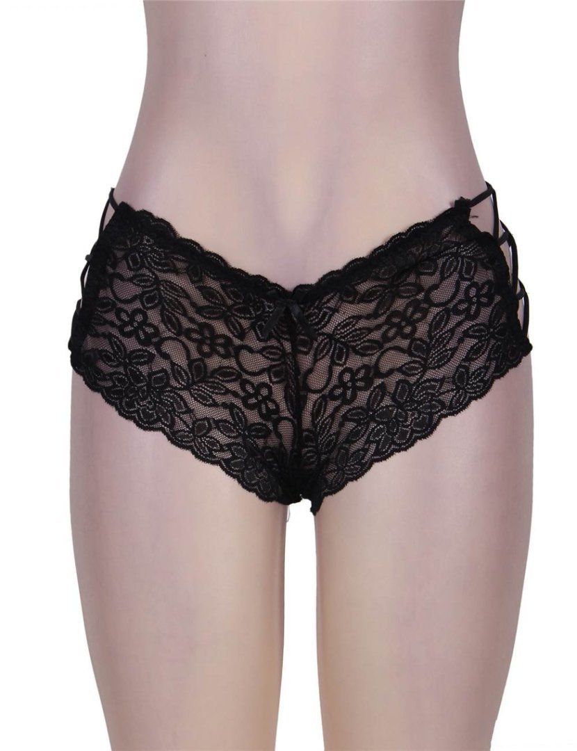 Black High - Waist Floral Lace Strappy Panty – Criss - Cross Elastic Bands, V - Shape Design & Gusset Padding - TeaseFashion
