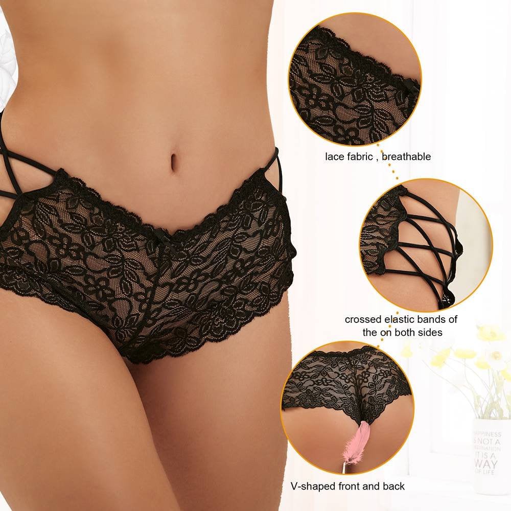 Black High - Waist Floral Lace Strappy Panty – Criss - Cross Elastic Bands, V - Shape Design & Gusset Padding - TeaseFashion