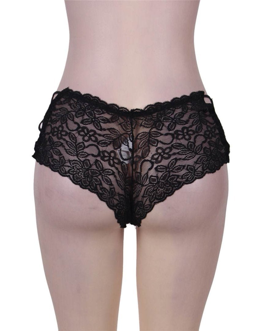Black High - Waist Floral Lace Strappy Panty – Criss - Cross Elastic Bands, V - Shape Design & Gusset Padding - TeaseFashion