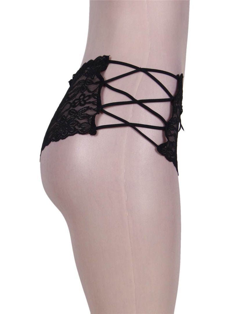 Black High - Waist Floral Lace Strappy Panty – Criss - Cross Elastic Bands, V - Shape Design & Gusset Padding - TeaseFashion