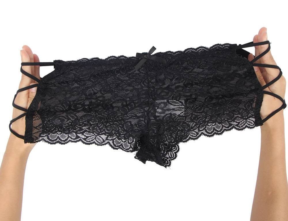 Black High - Waist Floral Lace Strappy Panty – Criss - Cross Elastic Bands, V - Shape Design & Gusset Padding - TeaseFashion