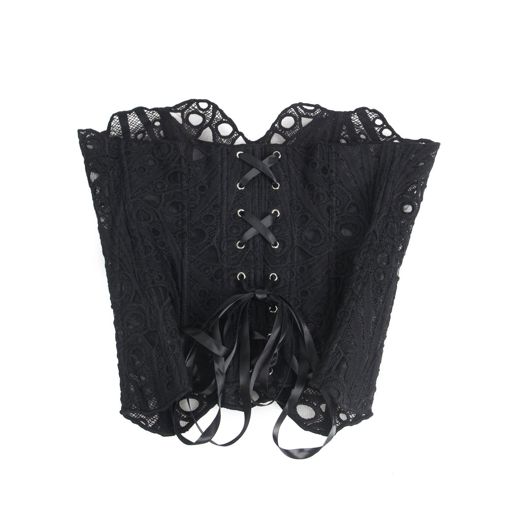 Black Hollow Lace - Up Corset with 14 Steel Bones - TeaseFashion