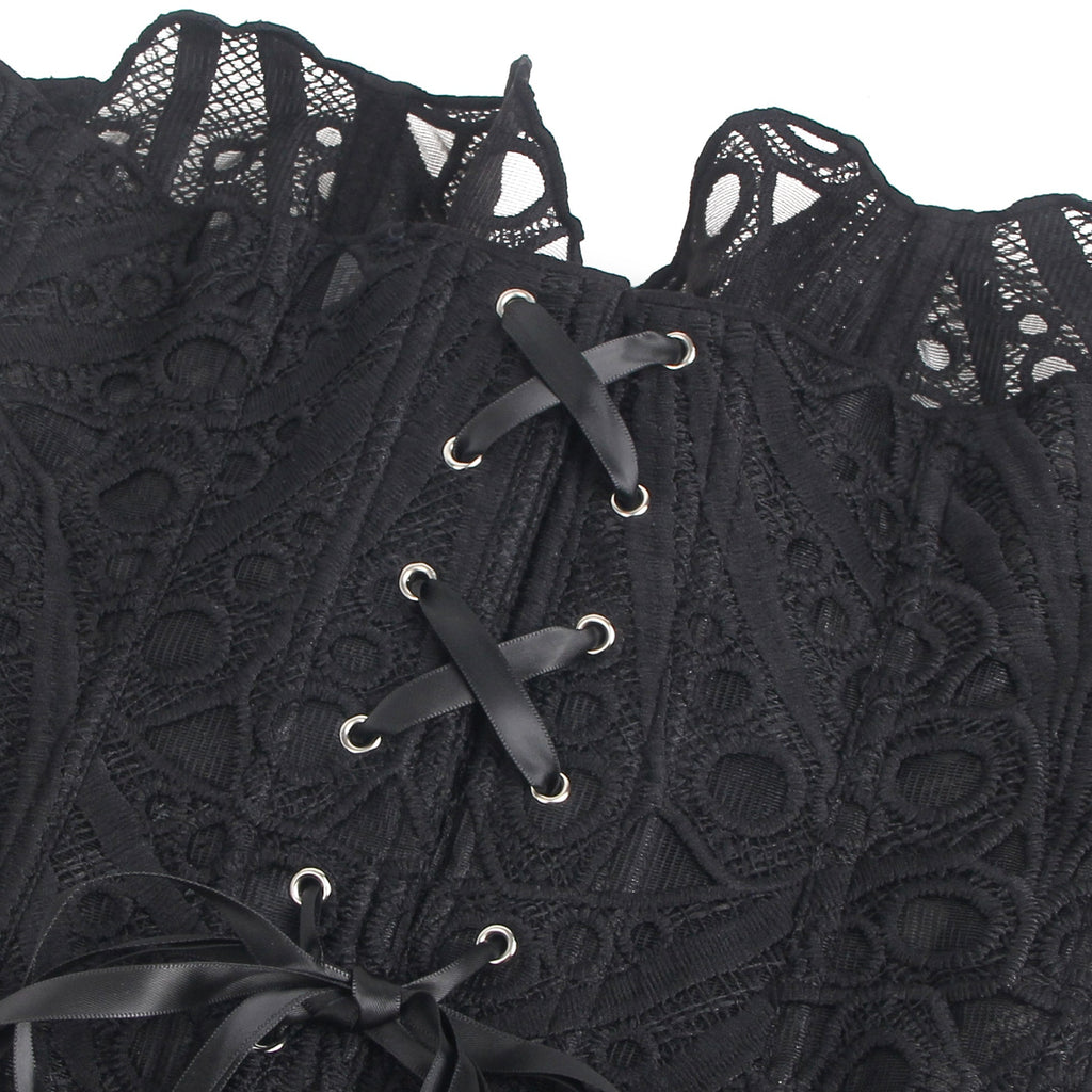Black Hollow Lace - Up Corset with 14 Steel Bones - TeaseFashion