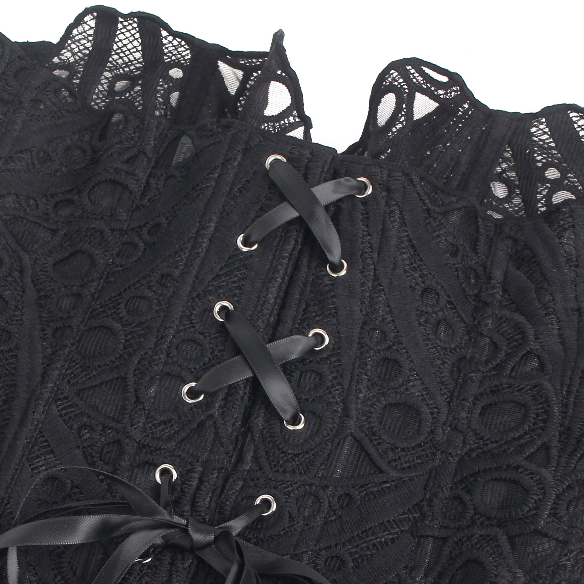 Black Hollow Lace - Up Corset with 14 Steel Bones - TeaseFashion