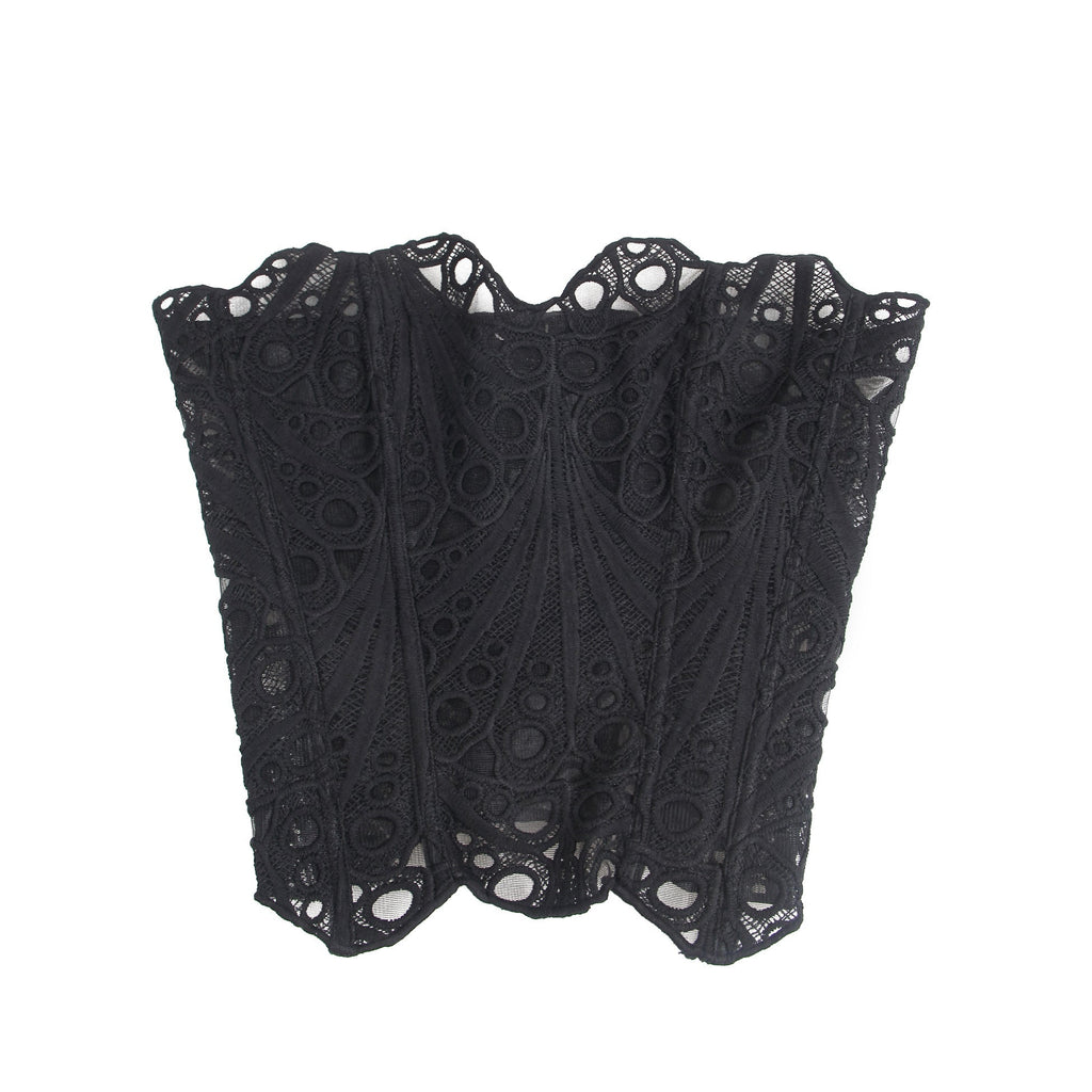 Black Hollow Lace - Up Corset with 14 Steel Bones - TeaseFashion