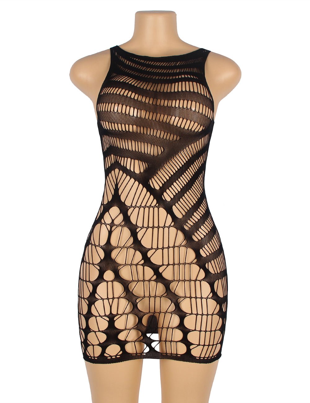 Black Hollow - Out Short Sleeveless Bodystocking - TeaseFashion