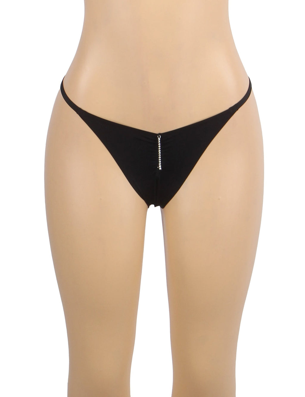 Black Ice Silk Seamless Thong – Rhinestone Chain & Pleated Front Panel - TeaseFashion